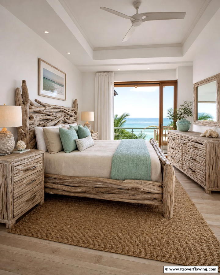 Driftwood Furniture Accents - 25 Ocean-themed Bedroom Ideas for a Serene and Relaxing Space