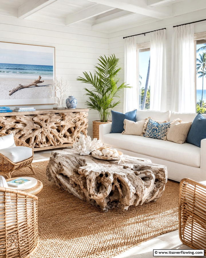 Driftwood Furniture Pieces - 25 Beach House Living Room Ideas for a Coastal Vibe