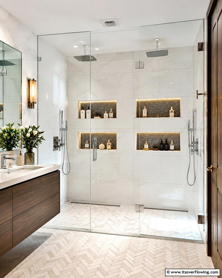Dual Level Shower Niches - 25 Double Shower Ideas for a Luxurious Bathroom