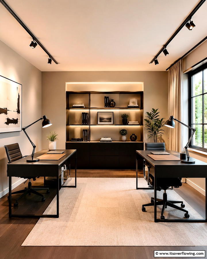 Dual Lighting Options for Versatility - 25 Home Office for Couples Ideas and Designs