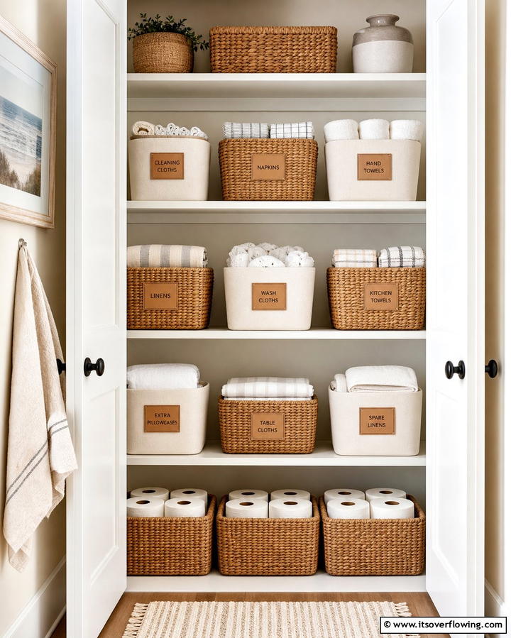 Dual Purpose Baskets - 30 Linen Closet Organization Ideas for Maximized Storage