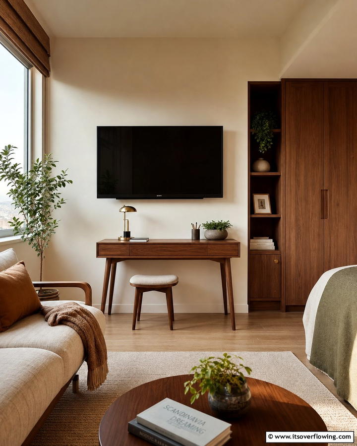Dual Purpose TV Zone and Workspace - 25 Small Living Room Ideas With TV for Cozy Nights