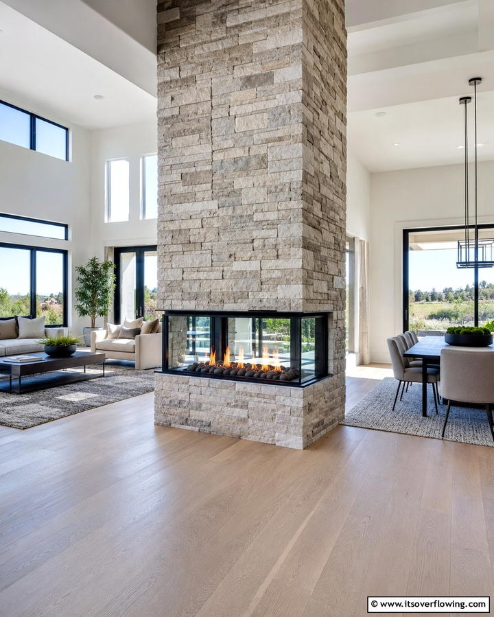 Dual Sided Fireplace Elegance - 25 Floor to Ceiling Fireplace Ideas- Stunning & Modern