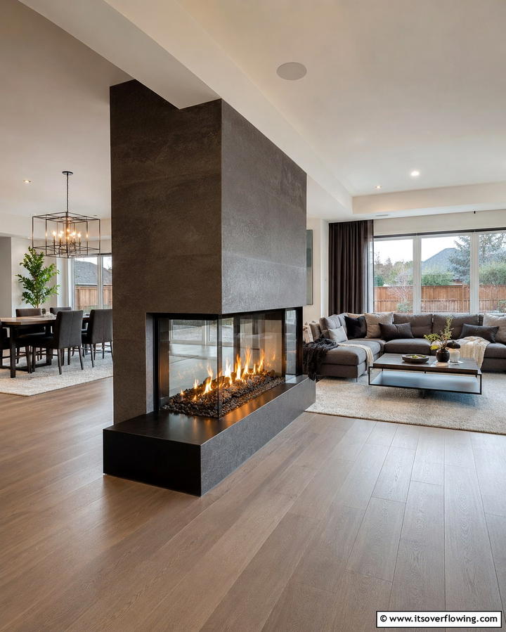 Dual Sided Fireplace for Open Layouts - 25 Off-center Fireplace Ideas for a Unique and Modern Living Room