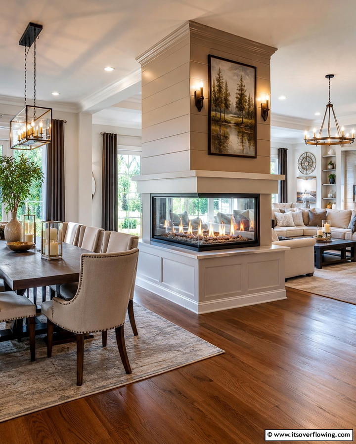 Dual Sided Fireplace for Open Layouts - 25 Dining Room With Fireplace Ideas for Cozy Gatherings