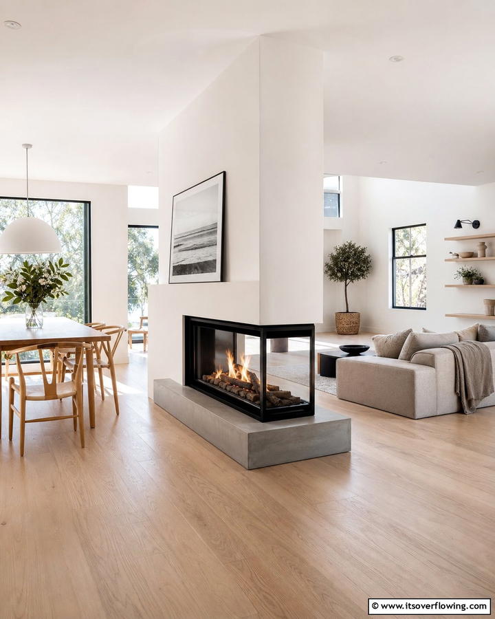 Dual Sided Fireplace for Open Spaces - 20 Scandinavian Fireplace Ideas for Cozy Homes