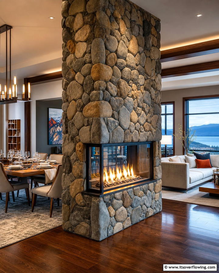 Dual Sided River Rock FireplaceExact - 25 River Rock Fireplace Ideas for a Natural Look