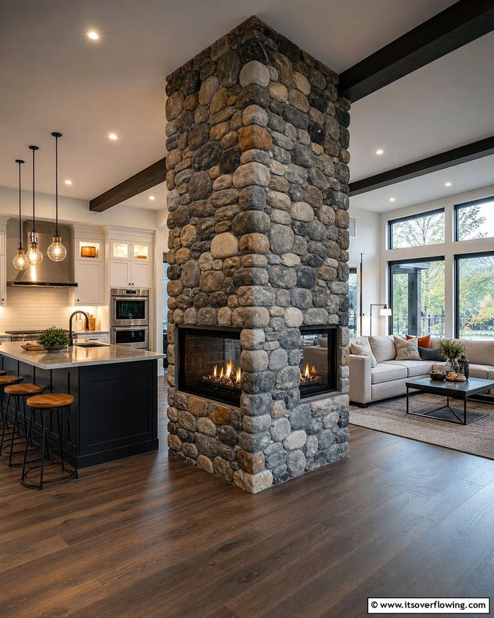 Dual Sided River Rock FireplaceOne - 25 River Rock Fireplace Ideas for a Natural Look