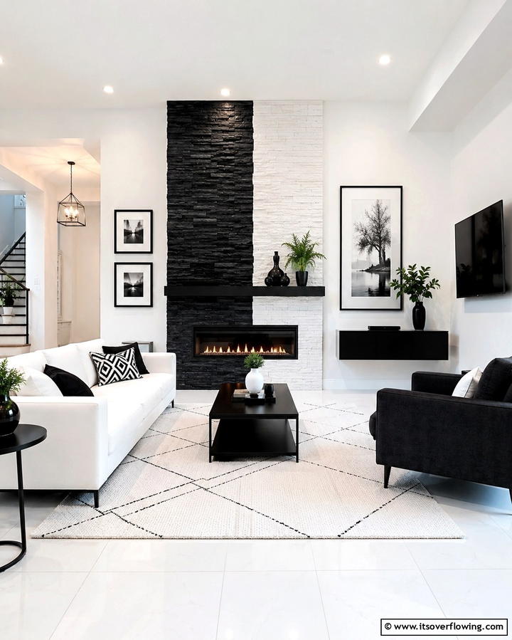 Dual Tone Contrast with Black and White Stone - 25 Elegant Black Stone Fireplace Ideas