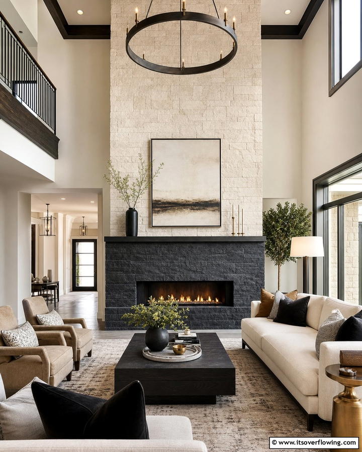 Dual Tone Stone for Contrast - 25 Floor to Ceiling Stone Fireplace Ideas for Drama