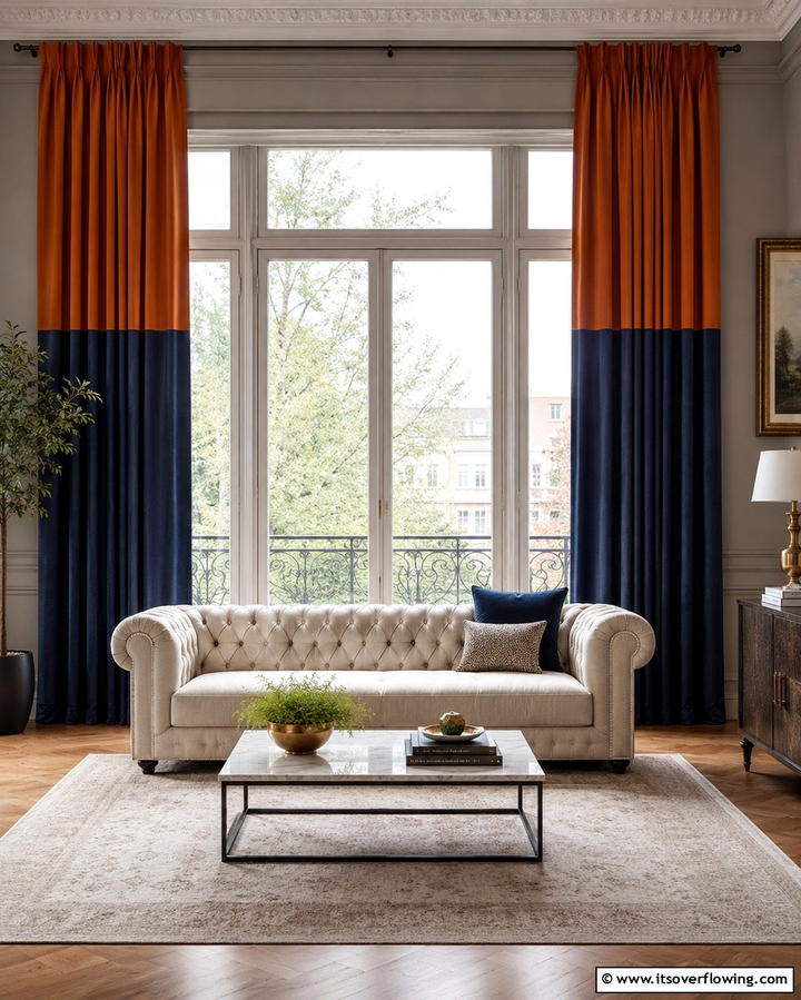 Dual Toned Curtains - 25 Orange and Blue Living Room Ideas for a Bold Look
