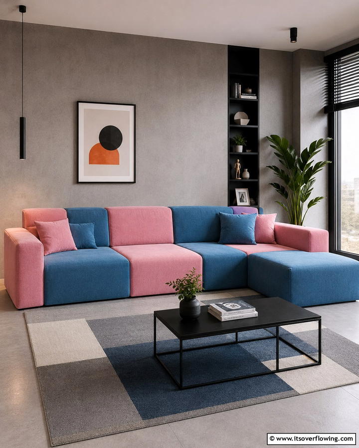 Dual Toned Furniture - 25 Pink and Blue Living Room Ideas for a Vibrant Space