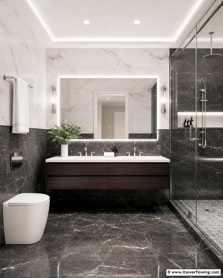Dual Toned Marble Elegance - 30 Luxurious Marble Bathroom Ideas for a Spa-Like Retreat