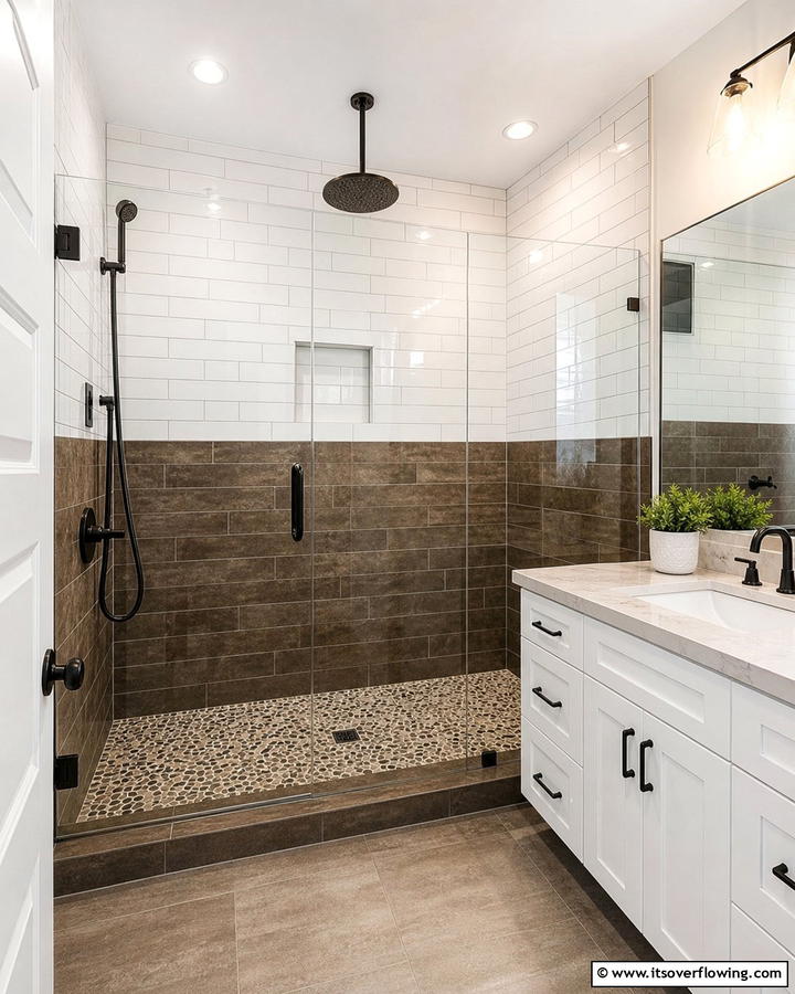 Dual Toned Shower Walls - 20 Timeless Brown and White Bathroom Ideas for a Clean Look