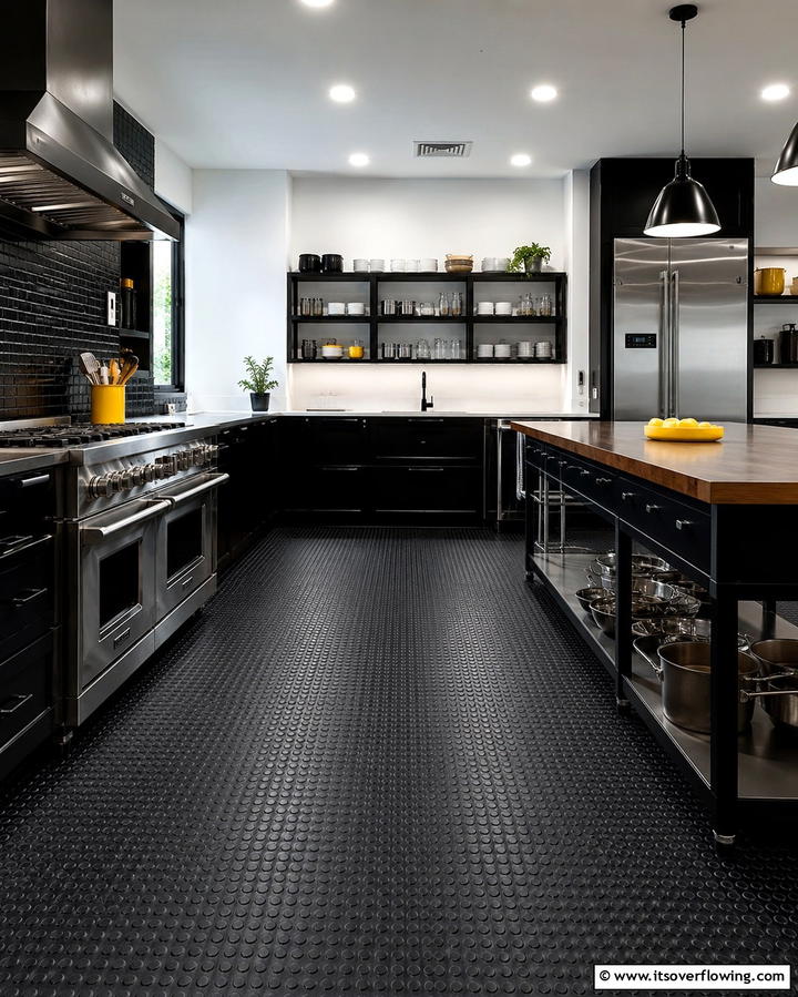 Durable Black Rubber Innovation - 30 Sleek Black Floor Kitchen Ideas for Contemporary Designs