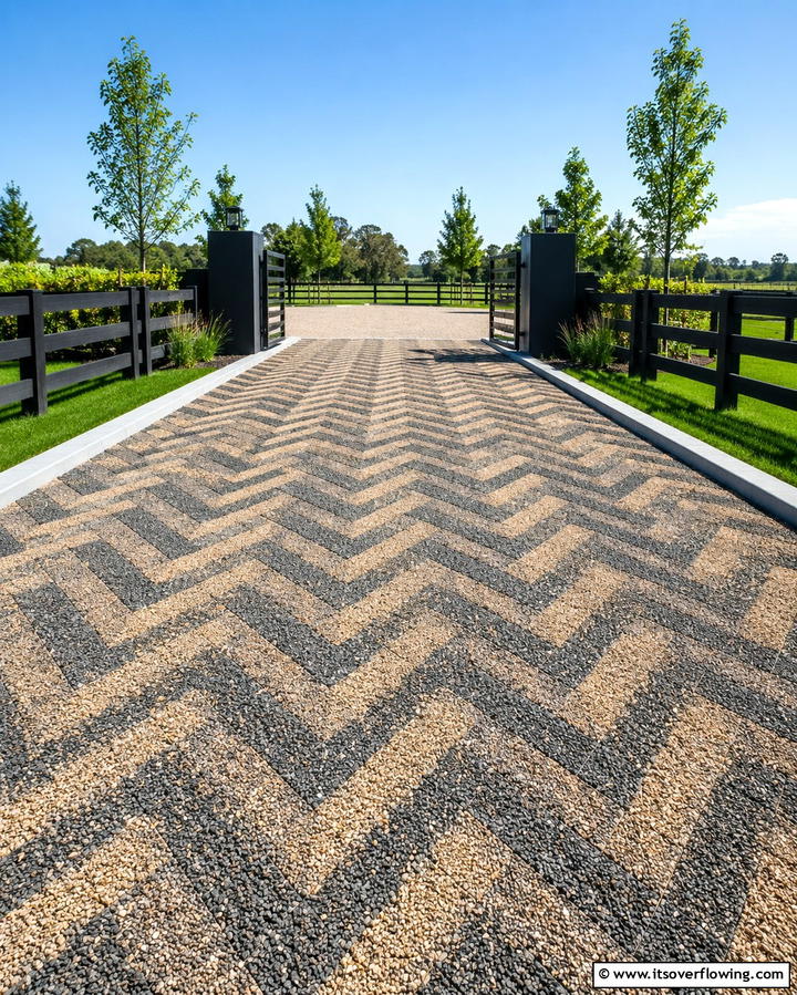 Durable Gravel Entrance with Patterns - 30 Gravel Driveway Ideas- Durable & Stylish Options