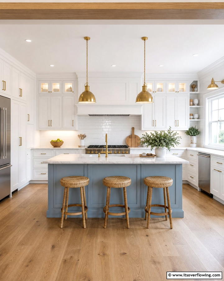 Dusty Blue Island with Brass Fixtures - 25 Blue Kitchen Island Ideas for a Fresh Look