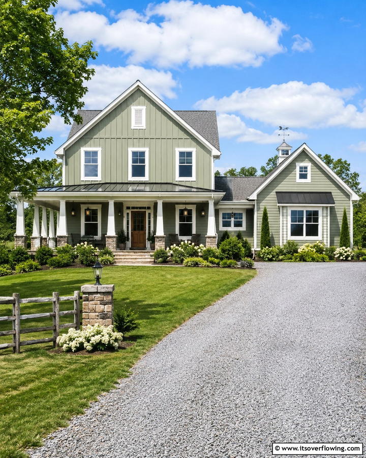Dusty Green with Black Shutters - 25 Farmhouse Green Exterior Home Ideas for a Fresh Look