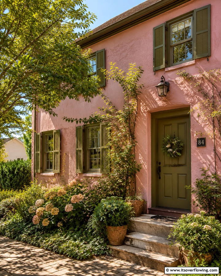 Dusty Pink with Olive Green Touches - 25 Pink House Exterior Ideas for a Charming Look