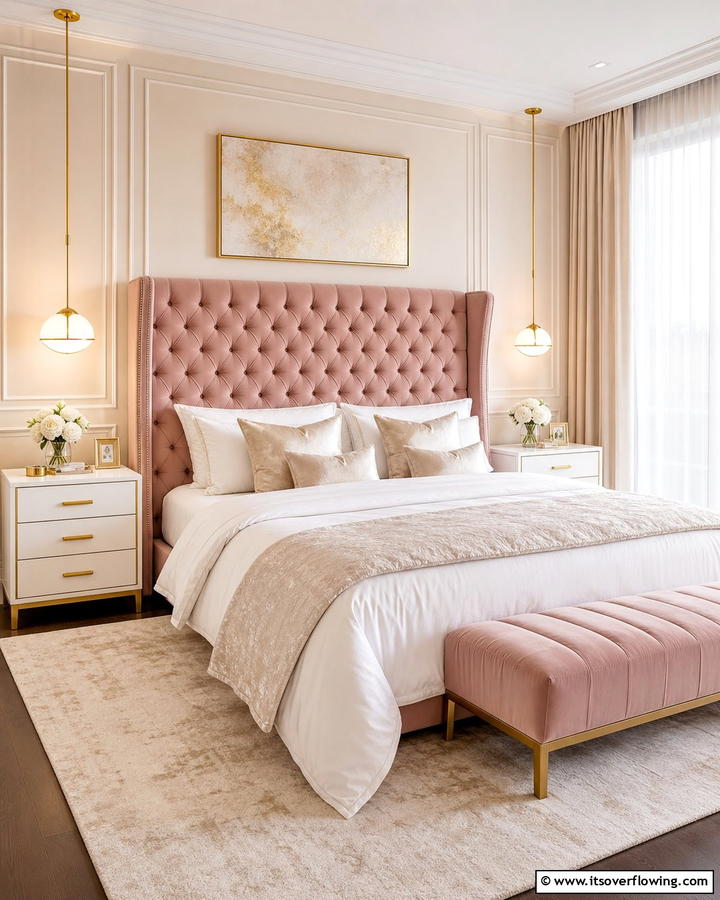 Dusty Rose Upholstered Headboard - 20 Dusty Rose Bedroom Ideas for a Soft and Romantic Look
