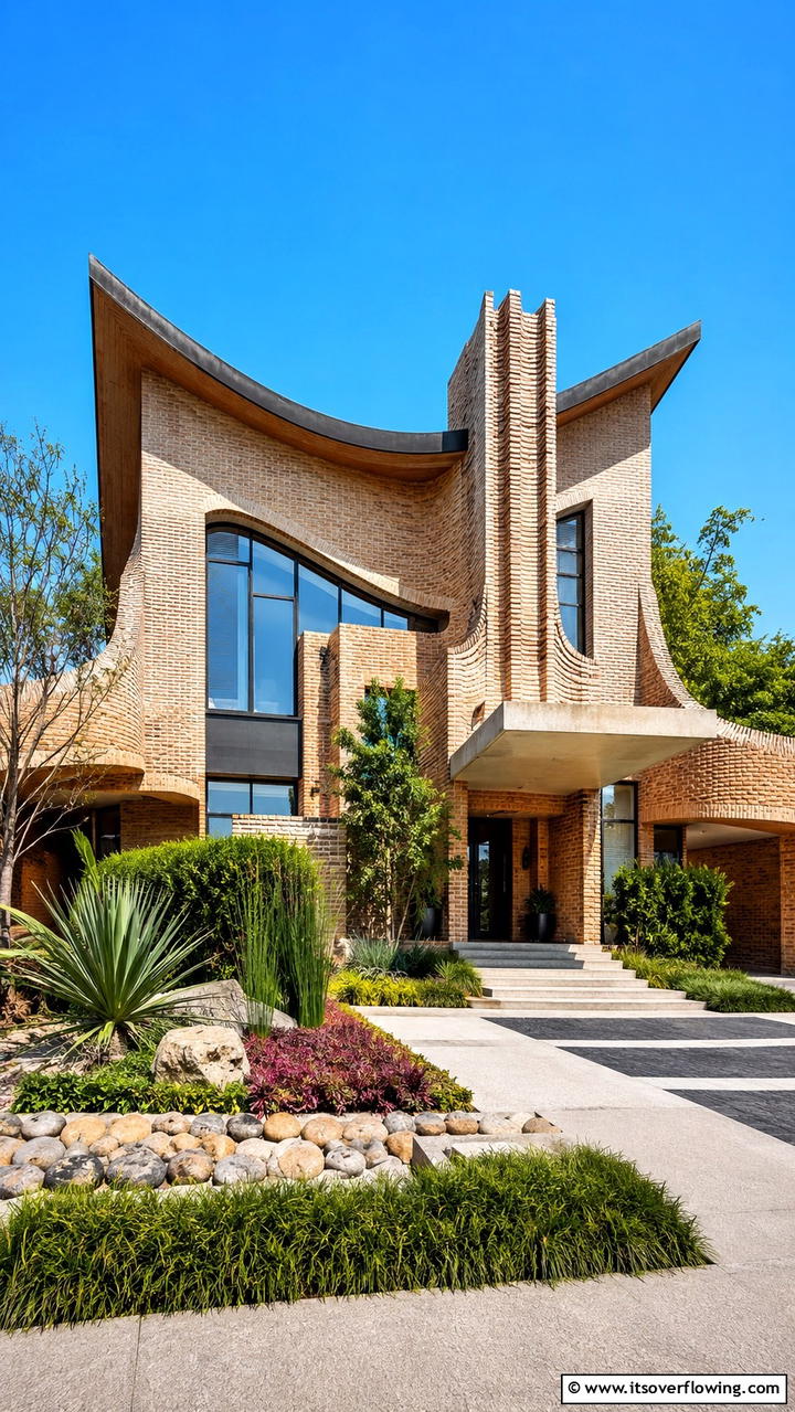 Dynamic Beige Brick with Architectural Flair - 30 Beige Brick Exterior Home Ideas for Warm Curb Appeal