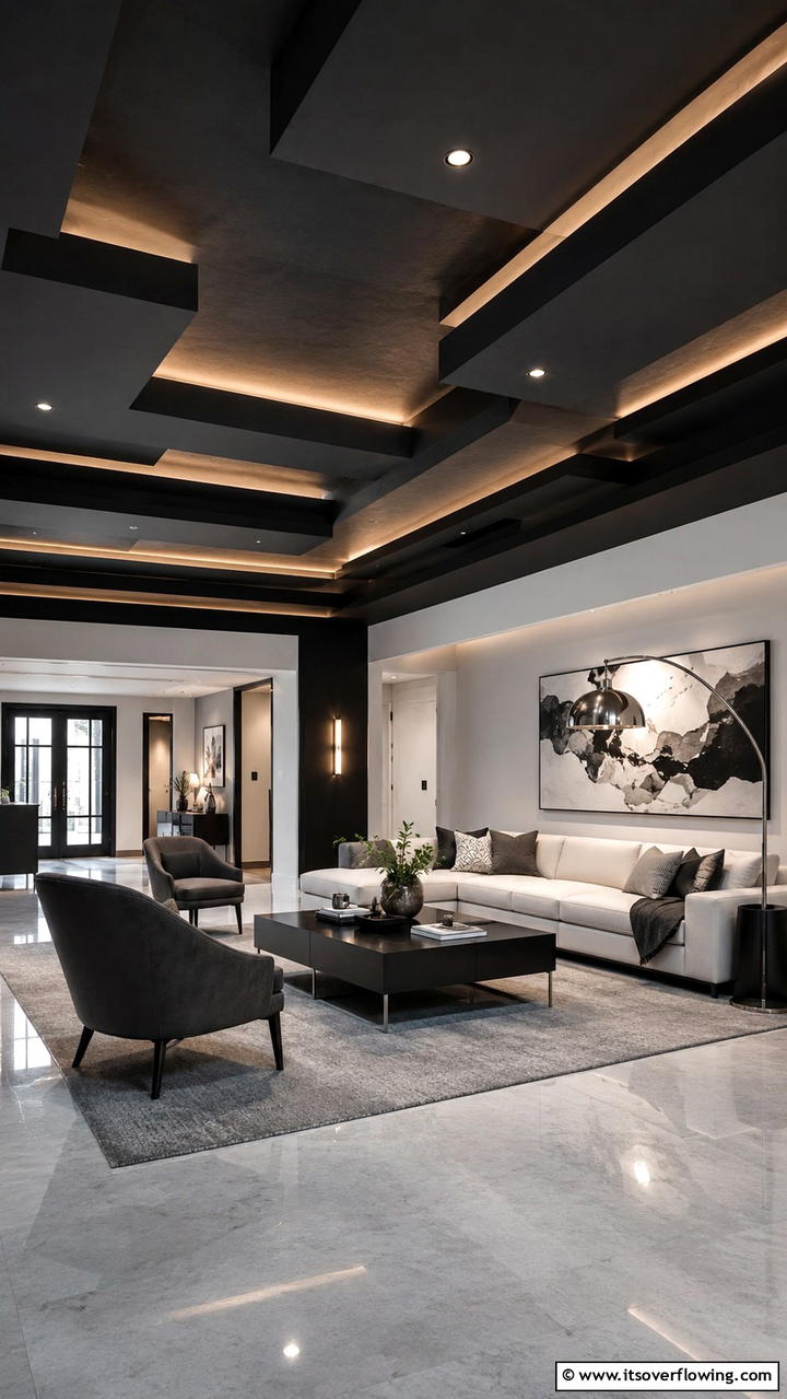 Dynamic Black Layers - 30 Black Ceiling Ideas to Add Depth and Drama Above