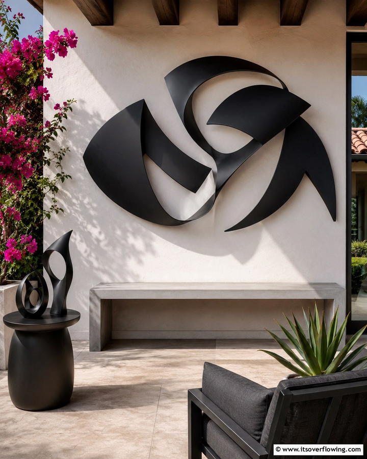 Dynamic Black Outdoor Art Pieces - 30 Inviting Black Porch Ideas for a Modern Outdoor Oasis