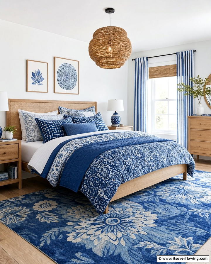 Dynamic Blue Mixed Patterns - 21 Serene Blue Bedroom Ideas for Calming Atmospheres