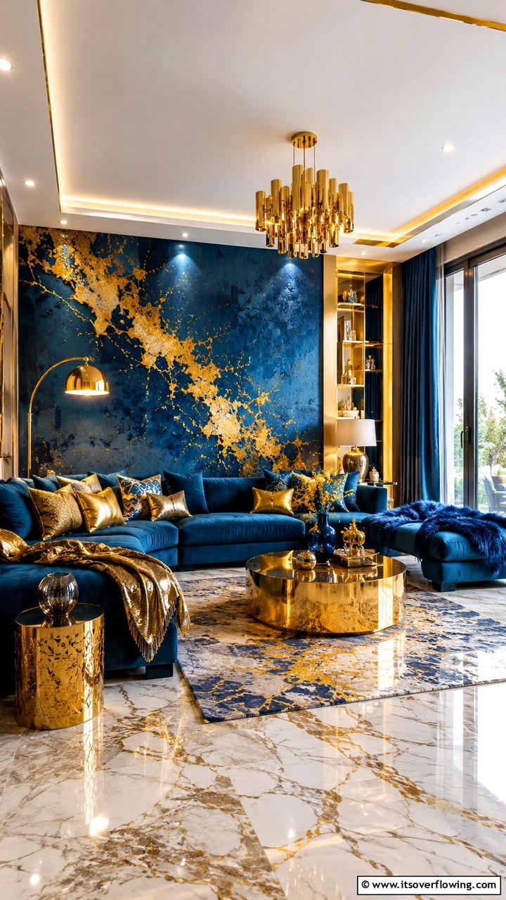 Dynamic Blue and Gold Fusion - 30 Stunning Blue and Gold Living Room Ideas for Elegant Spaces