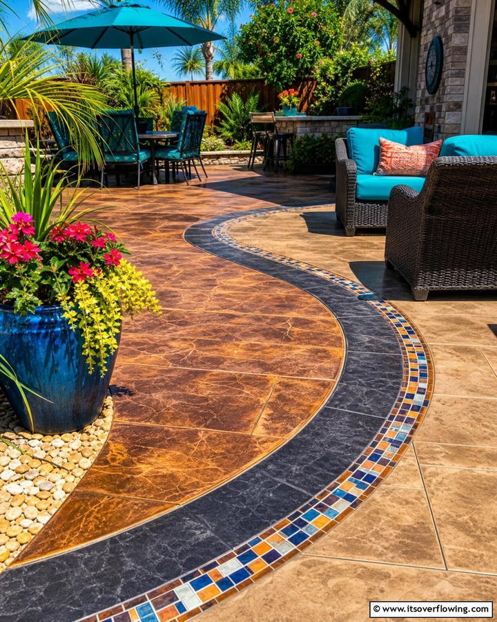 Dynamic Color Contrasts - 21 Stamped Concrete Patio Designs to Elevate Outdoor Spaces