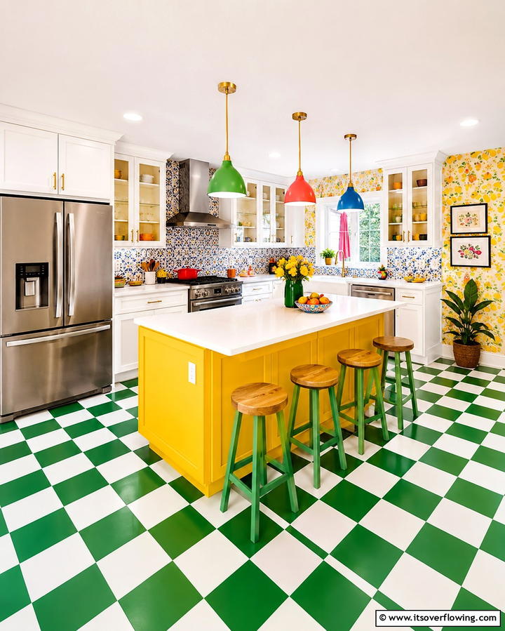 Dynamic Color Play - 30 Kitchens with Checkered Floors- Retro-Inspired Designs