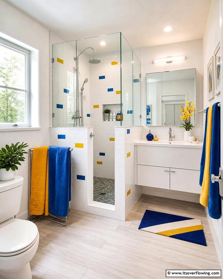 Dynamic Color Pop Tiles - 30 Half-Wall Shower Ideas- Sleek Bathroom Design Solutions