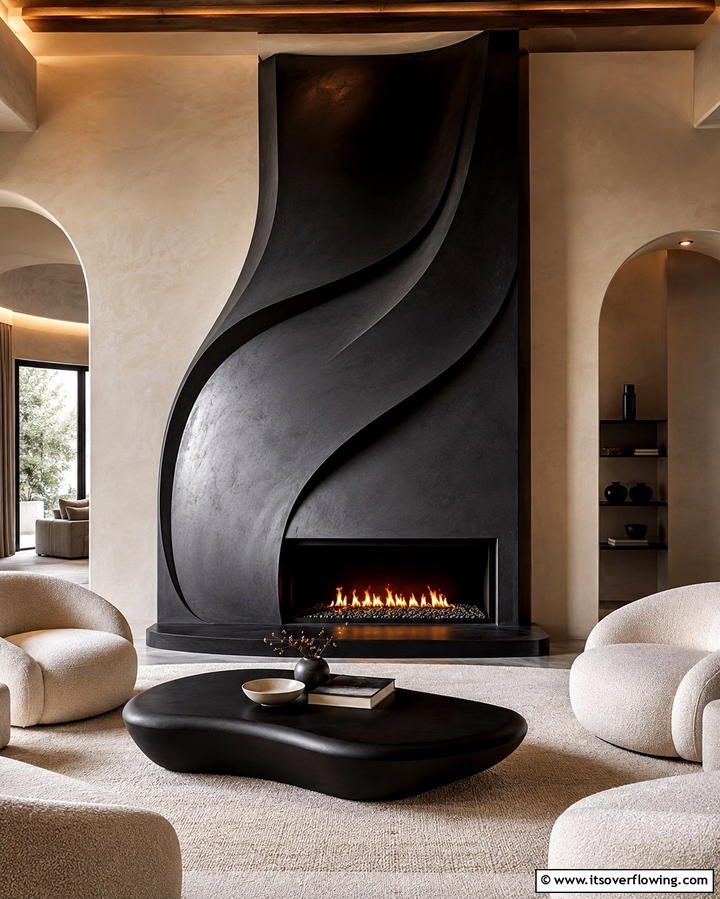 Dynamic Curved Lines - 30 Bold Black Fireplace Ideas to Elevate Your Living Room