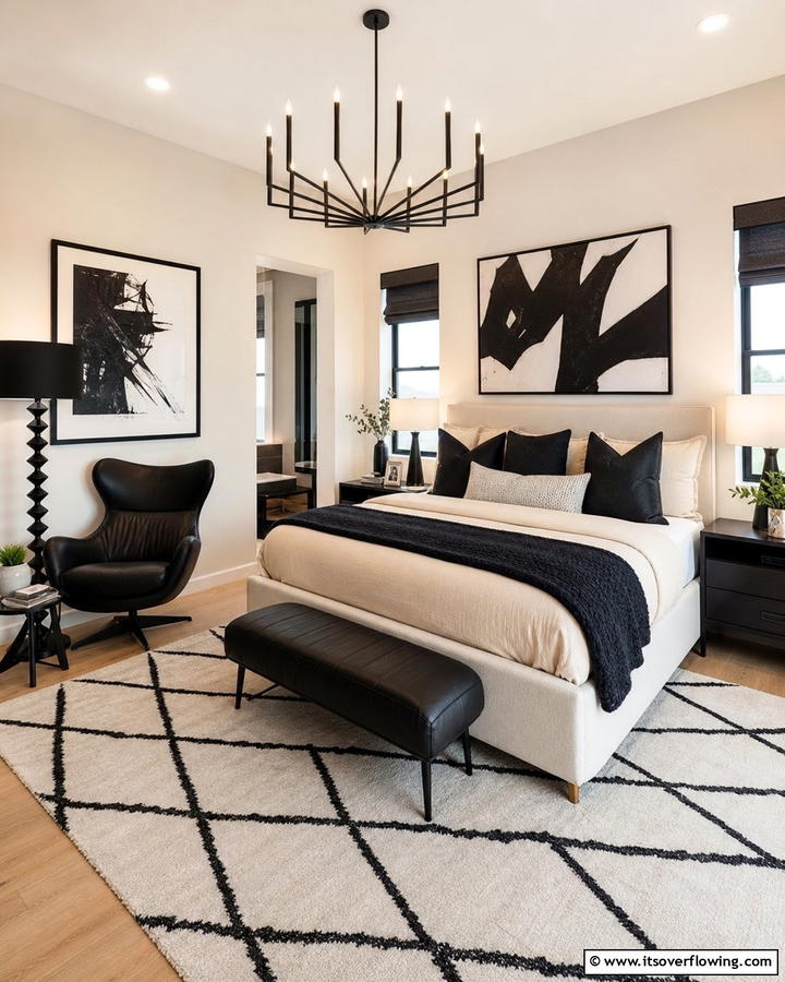 Dynamic Decor with Striking Contrast - 21 Cream & Black Bedroom Ideas- Sophisticated Contrast