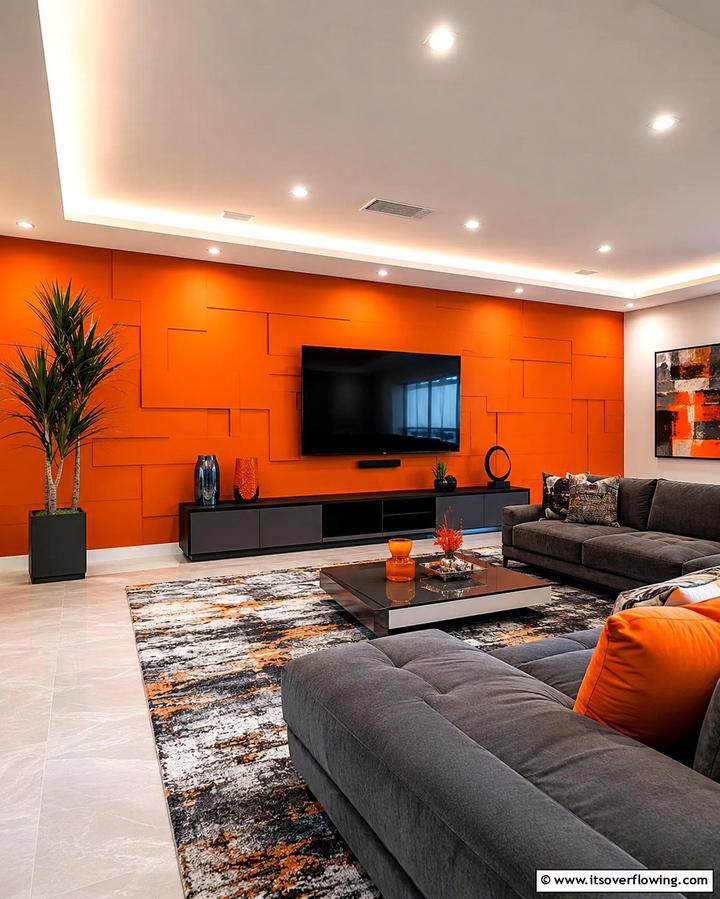 Dynamic Entertainment Space - 20 Orange Accent Wall Ideas to Brighten Your Space