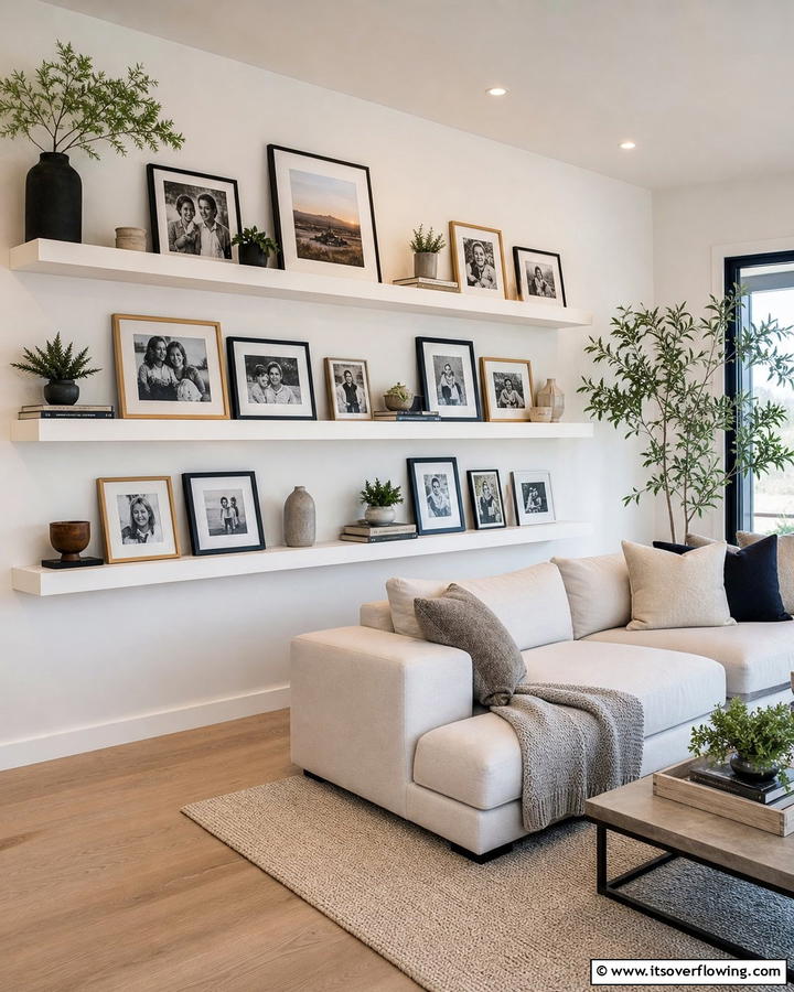 Dynamic Floating Shelves with Photos - 21 Photo Wall Arrangements for Personalized Home Galleries
