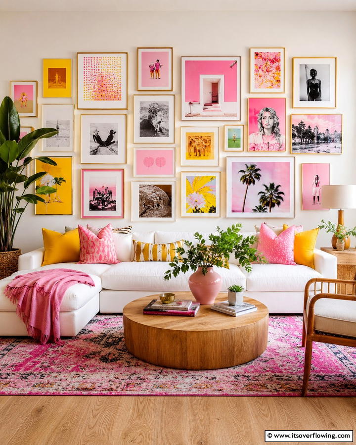 Dynamic Gallery Walls - 30 Yellow and Pink Decor Ideas- Vibrant Home Accents