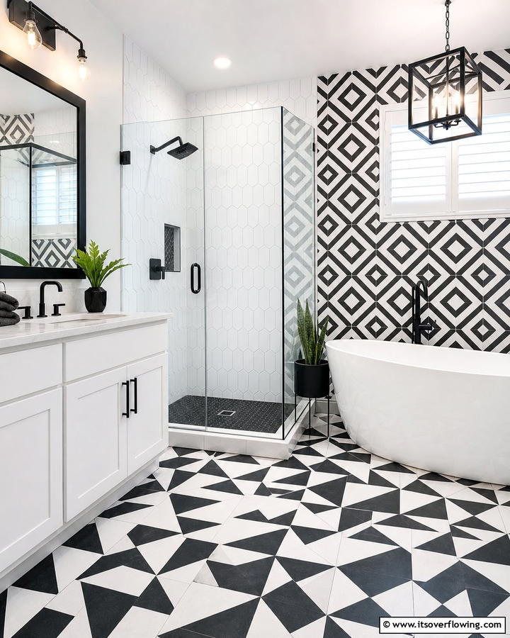 Dynamic Geometric Patterns - 21 Classic Black & White Bathroom Designs for Contrast