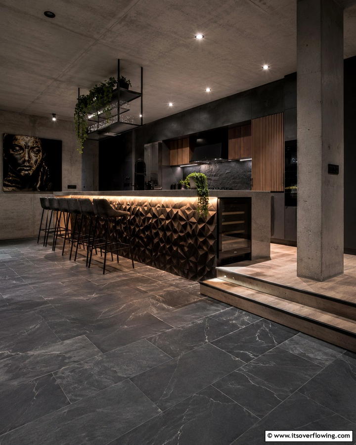 Dynamic Grey Kitchen with Bold Textures - 30 Kitchens with Grey Floors- Sleek & Modern Flooring Ideas