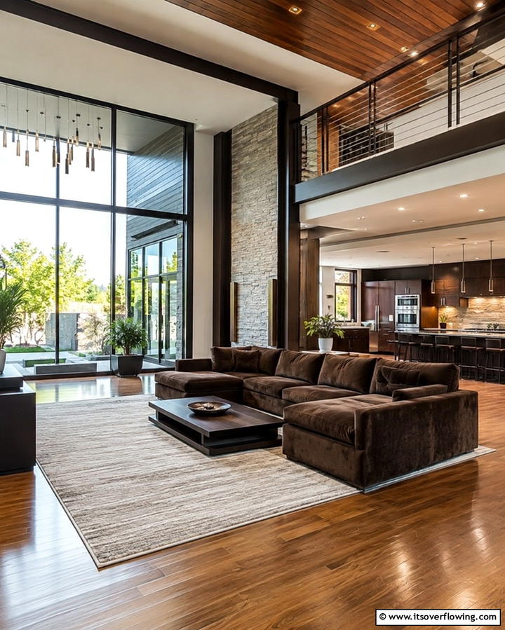 Dynamic Layout with Open Spaces - 30 Warm Dark Brown Couch Styling Ideas for Cozy Living Rooms