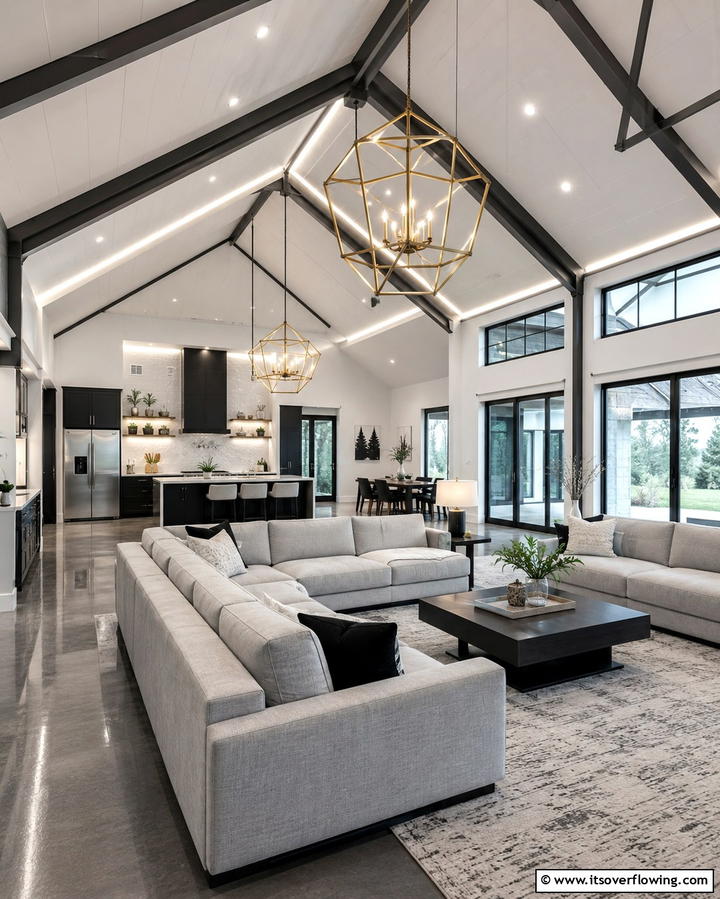 Dynamic Lighting Solutions - 30 Barndominium Interior Ideas for Spacious Living Designs