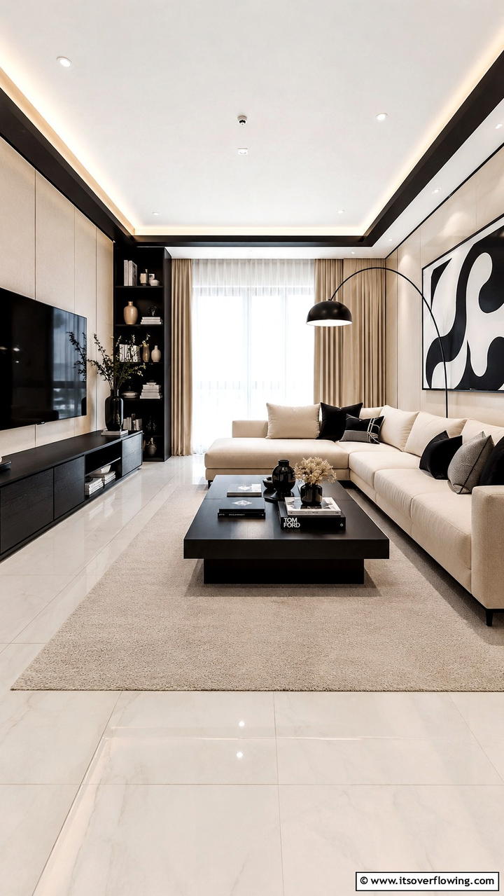 Dynamic Modern Balance - 30 Black & Beige Living Room Ideas for Modern Contrast