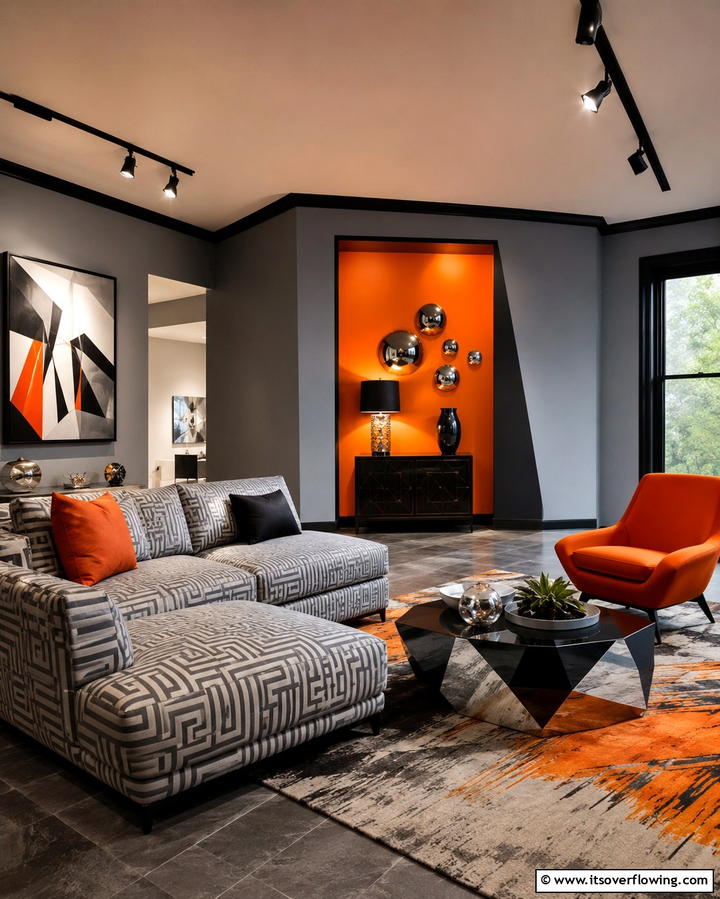 Dynamic Modern Expression - 30 Living Room Grey Walls & Black Trim- Bold Contrast Ideas