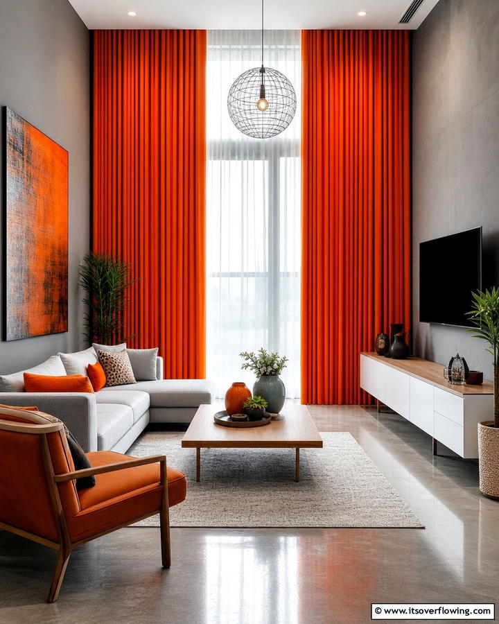 Dynamic Orange Energy - 30 Curtain Color Ideas Perfectly Paired With Gray Walls