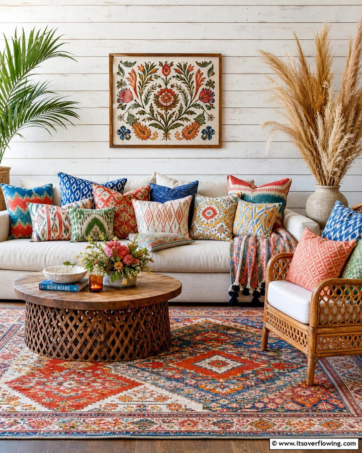 Dynamic Patterned Cushions - 30 Boho Chic Living Room Ideas for a Cozy and Eclectic Vibe