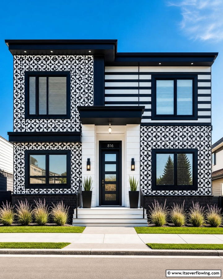 Dynamic Patterned Facade - 21 Striking Black & White House Exterior Design Concepts