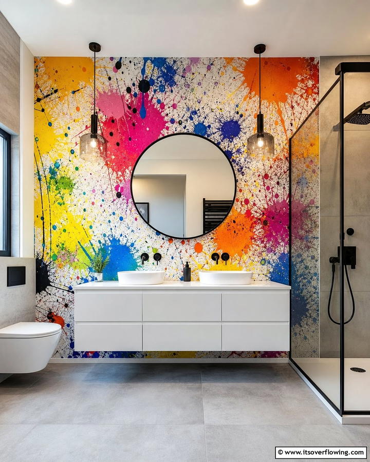 Dynamic Splatter Paint - 30 Bathroom Mural Ideas for Bold and Artistic Wall Designs