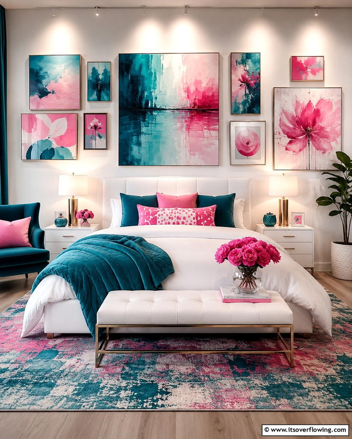 Dynamic Teal and Pink Artwork - 30 Teal and Pink Bedroom Ideas for Bold Modern Design