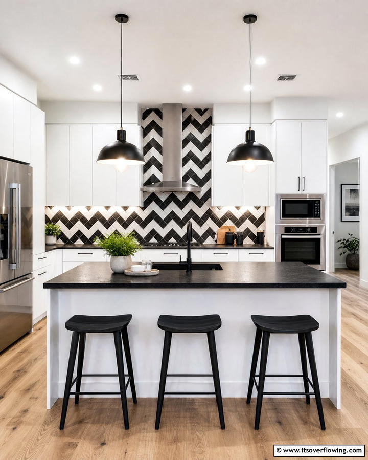 Dynamic Zigzag Patterns - 25 Black and White Kitchen Backsplash Ideas