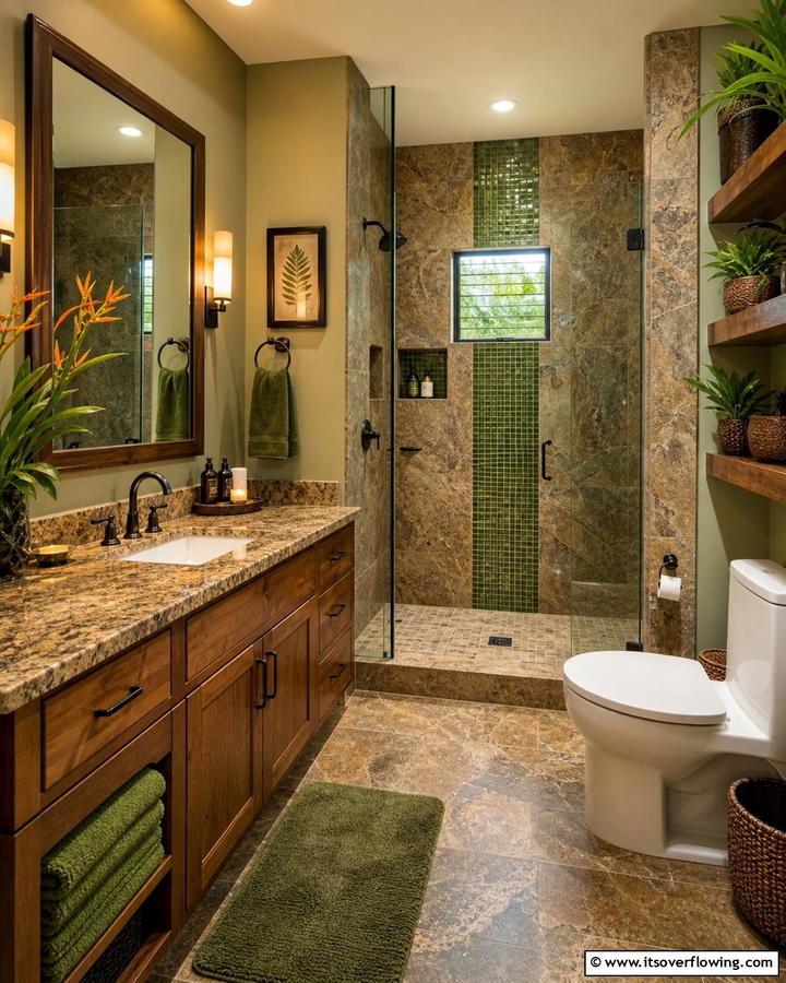 Earth Inspired Serenity with Brown Granite and Green Accents - 20 Elegant Brown Granite Bathroom Ideas for a Luxurious Look